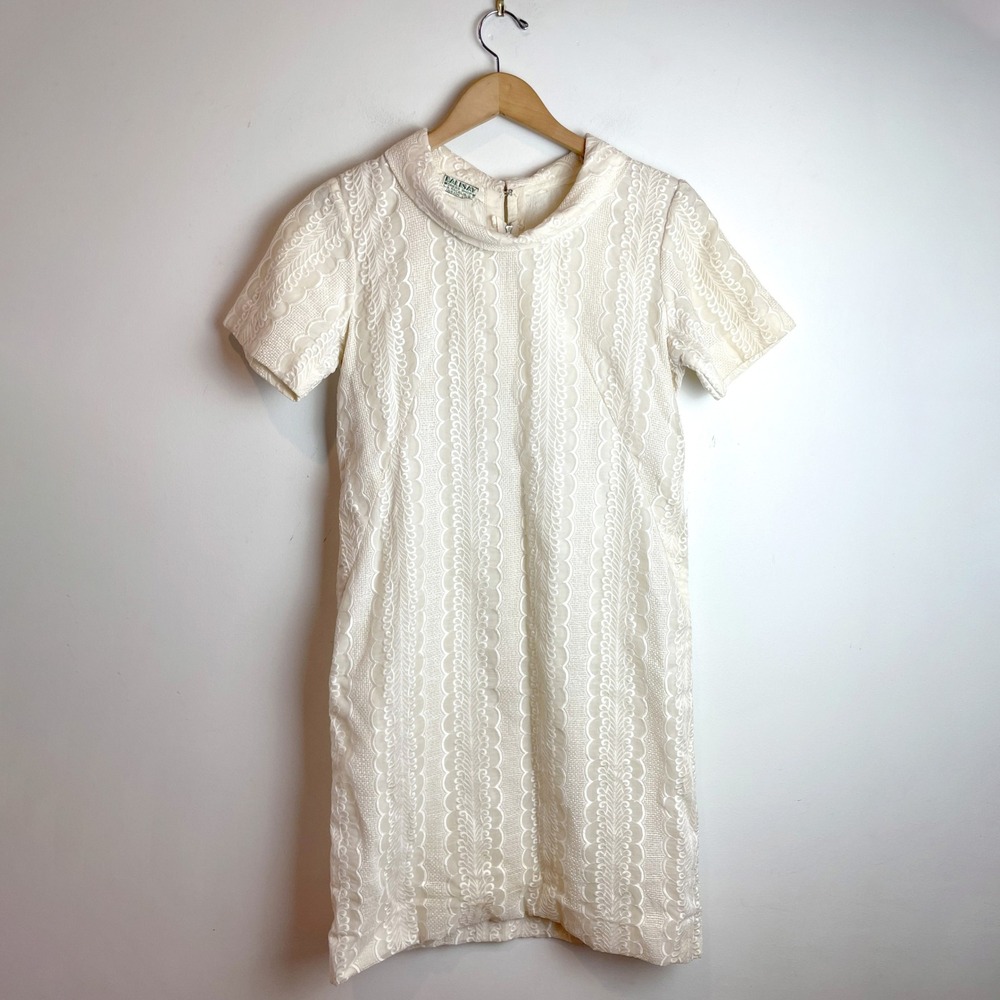 Vintage Cream Shift Dress Cocktail 60s Embroidered Mod Mid Century Style